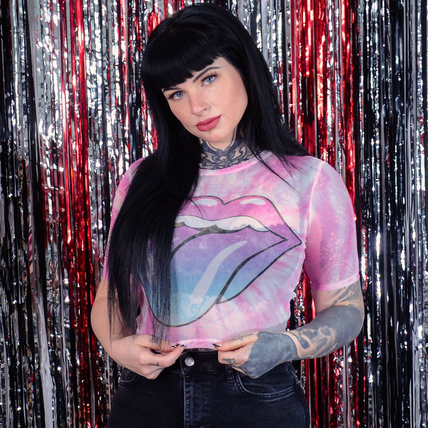 Pink Gradient Tongue Ladies Mesh Crop Top Junior Top 4 Pink Gradient Tongue Ladies Mesh Crop Top Junior Top - Image 2