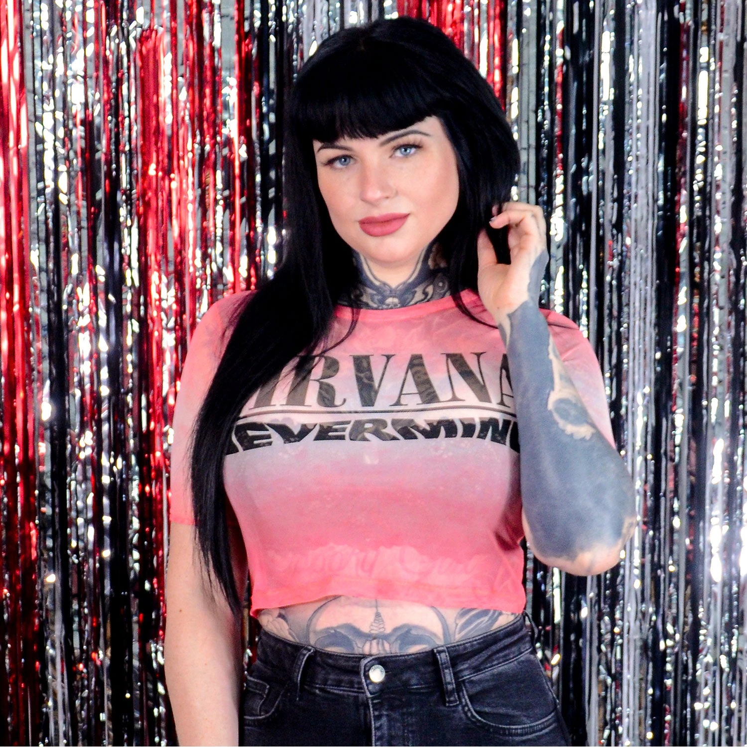 Nirvana Nevermind Wavy Logo Ladies Mesh Crop Top Junior Top 4 Nirvana Nevermind Wavy Logo Ladies Mesh Crop Top Junior Top - Image 2